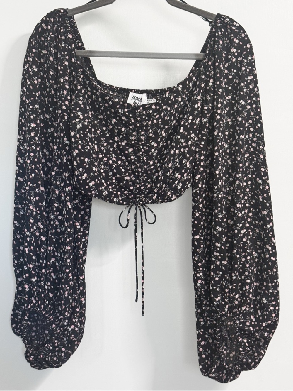 Princess Polly Black Floral Cropped Peasant Top US 4